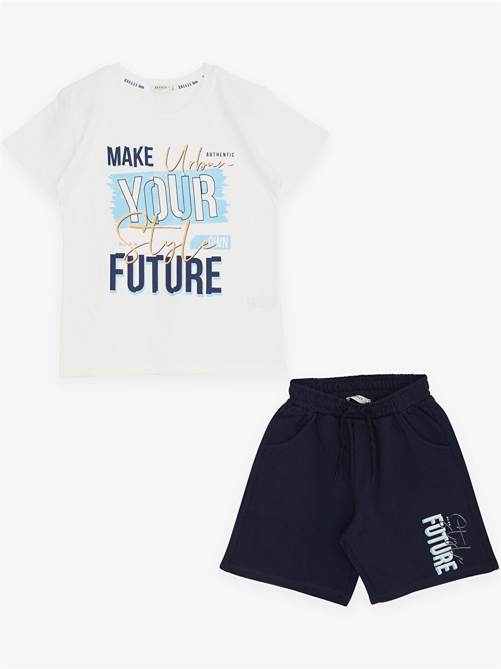 Ekru Bisiklet Yaka Baskılı Kısa Kollu Erkek Çocuk Tişört ve Şort