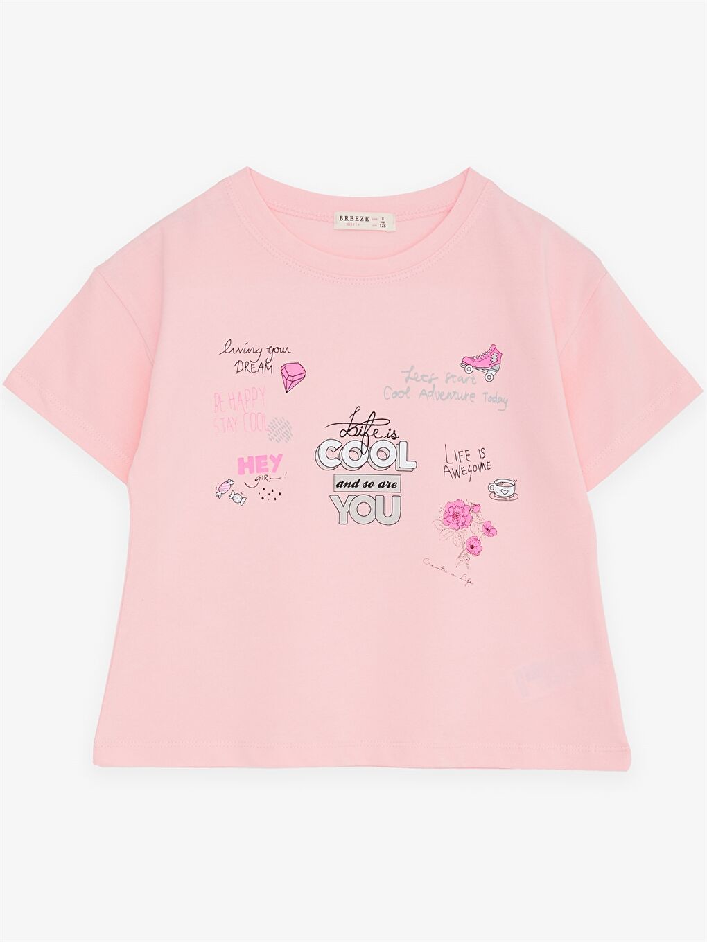 Pembe Bisiklet Yaka Baskılı Kısa Kollu Kız Çocuk Tişört