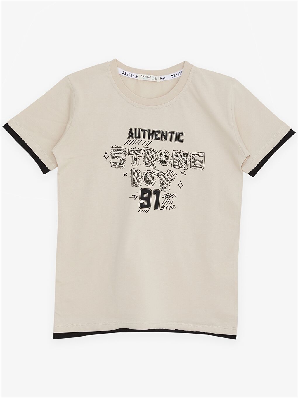 Bej Bisiklet Yaka Baskılı Kısa Kollu Erkek Çocuk Tişört