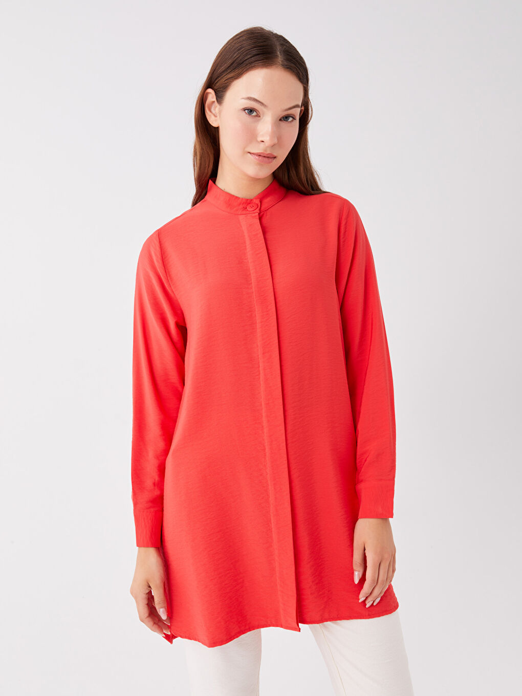Kırmızı Hakim Yaka Düz Uzun Kollu Kadın Tunik-1