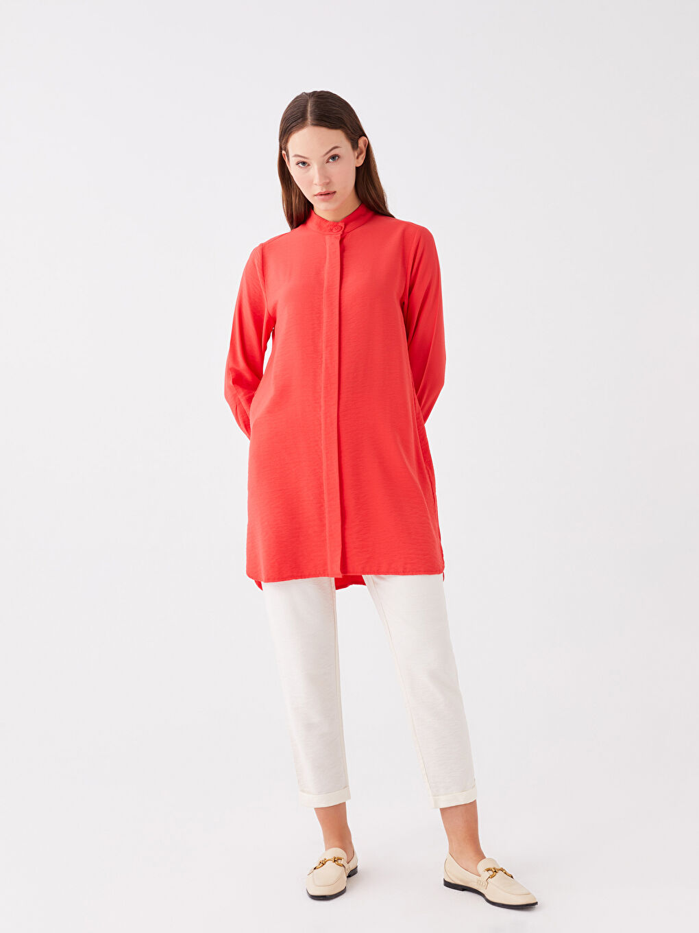 Kırmızı Hakim Yaka Düz Uzun Kollu Kadın Tunik-2
