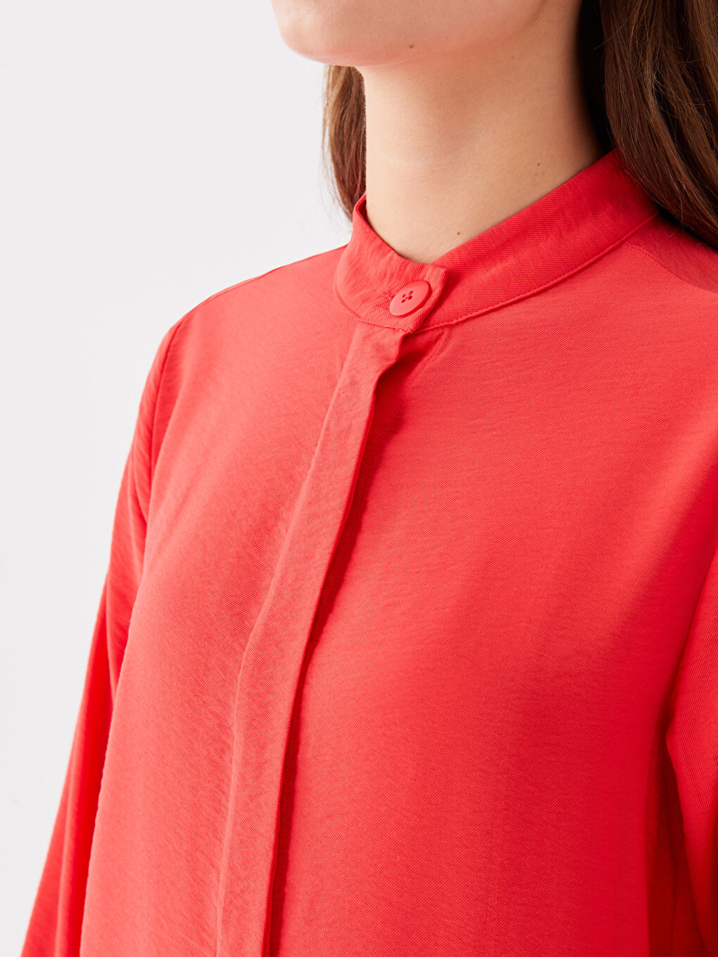 Kırmızı Hakim Yaka Düz Uzun Kollu Kadın Tunik-3