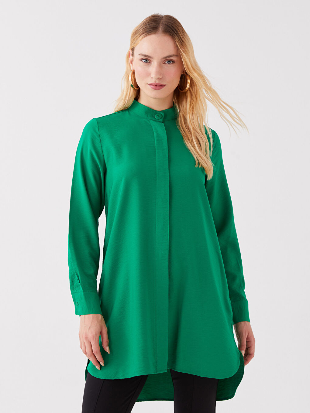 Yeşil Hakim Yaka Düz Uzun Kollu Kadın Tunik