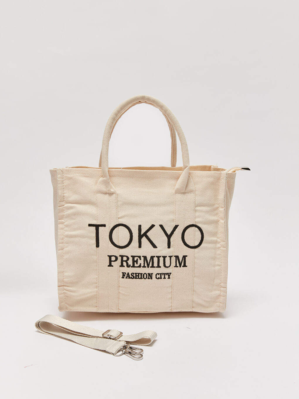 Ekru Yazı Nakışlı Kadın Tote Çanta-3