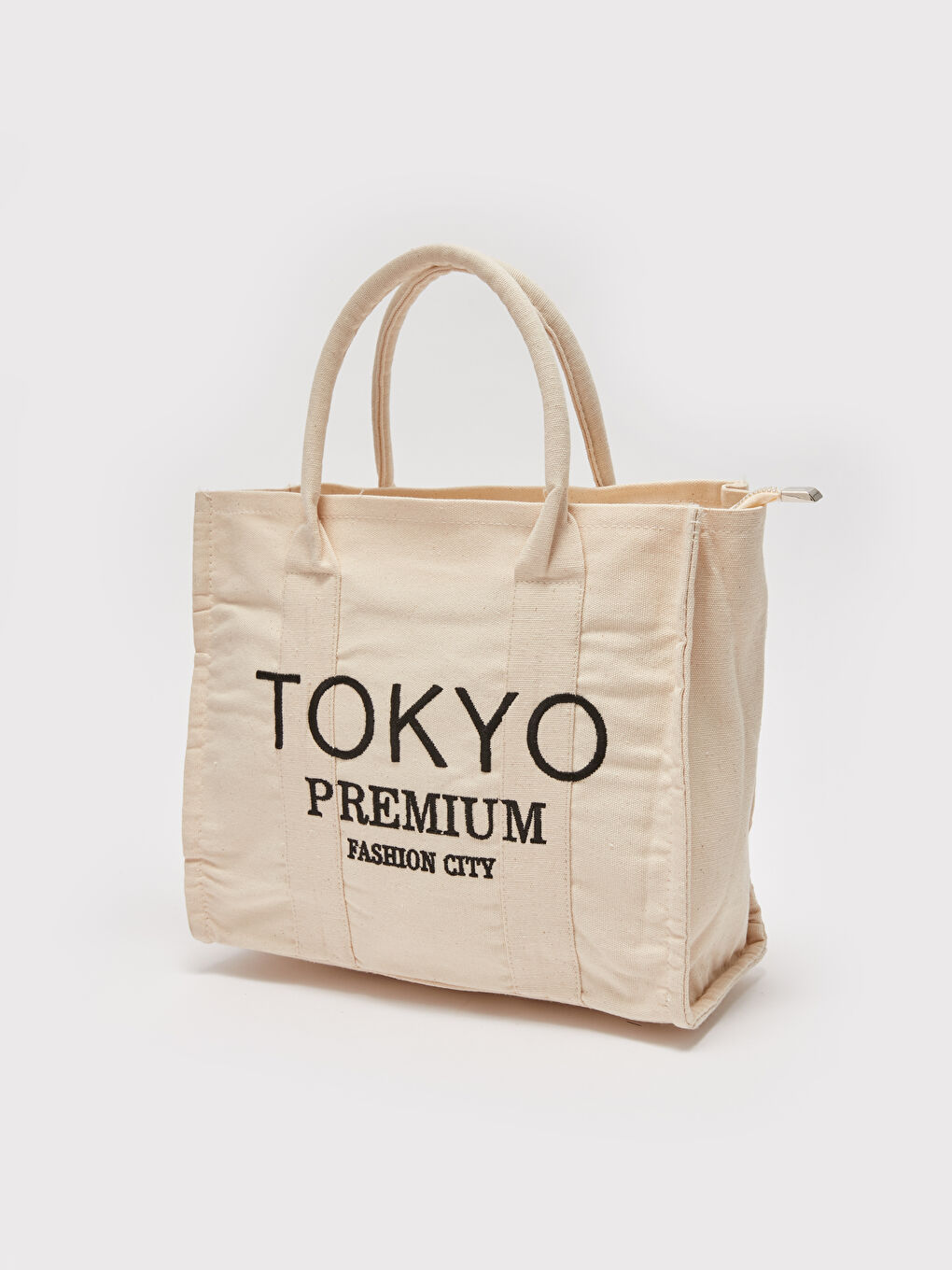 Ekru Yazı Nakışlı Kadın Tote Çanta-4