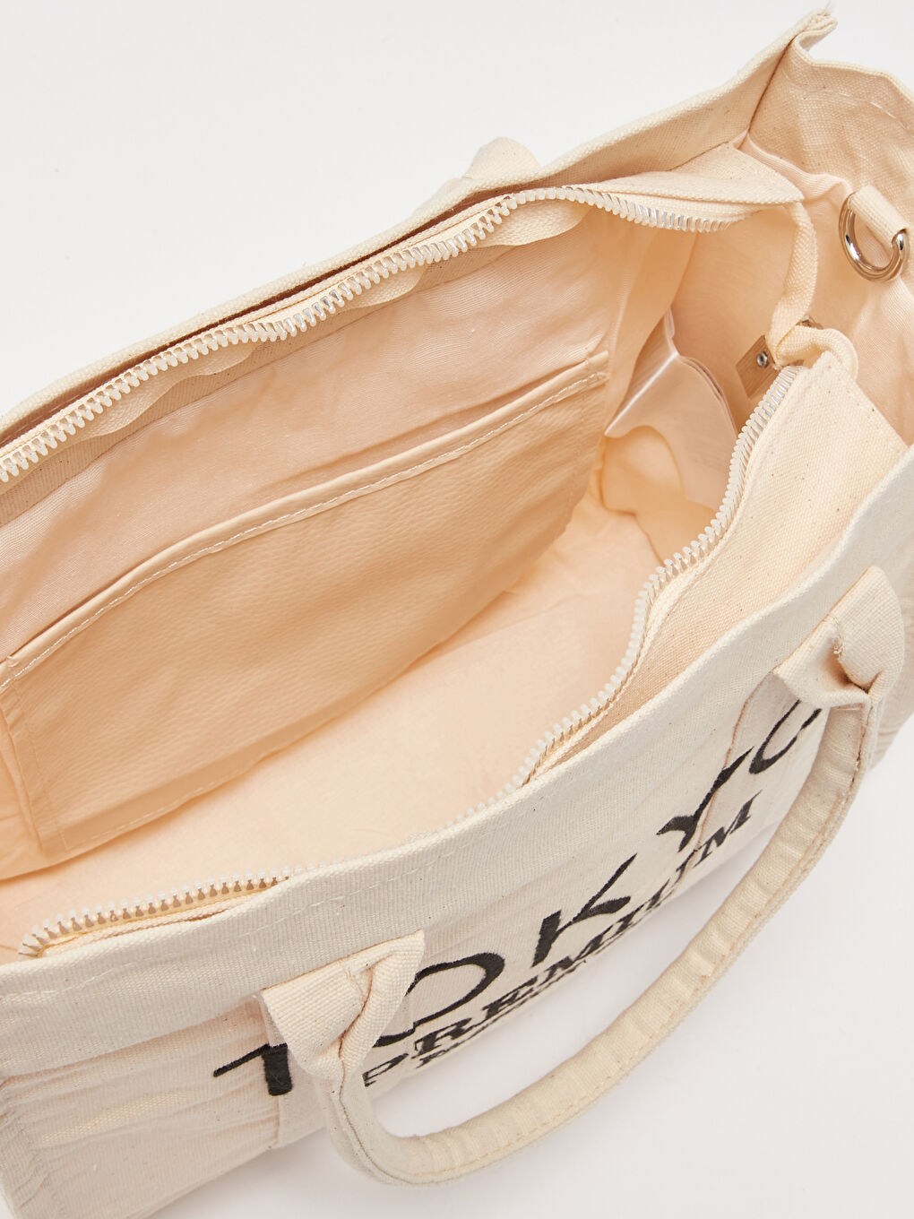 Ekru Yazı Nakışlı Kadın Tote Çanta-6