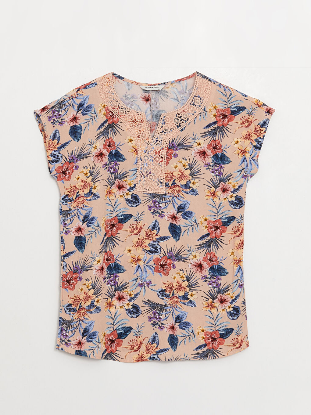 Pembe Kaçık Yaka Çiçekli Kısa Kollu Kadın Bluz-5