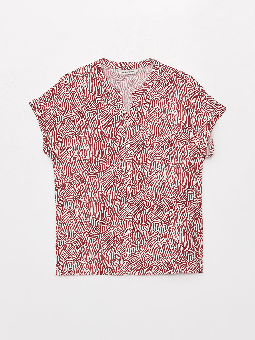 Kırmızı Kaçık Yaka Desenli Kısa Kollu Kadın Bluz-5