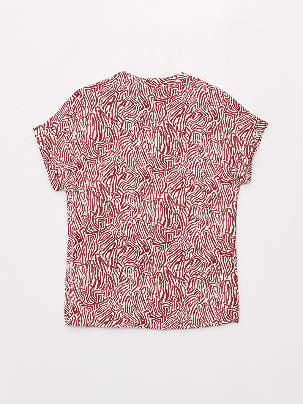 Kırmızı Kaçık Yaka Desenli Kısa Kollu Kadın Bluz-6