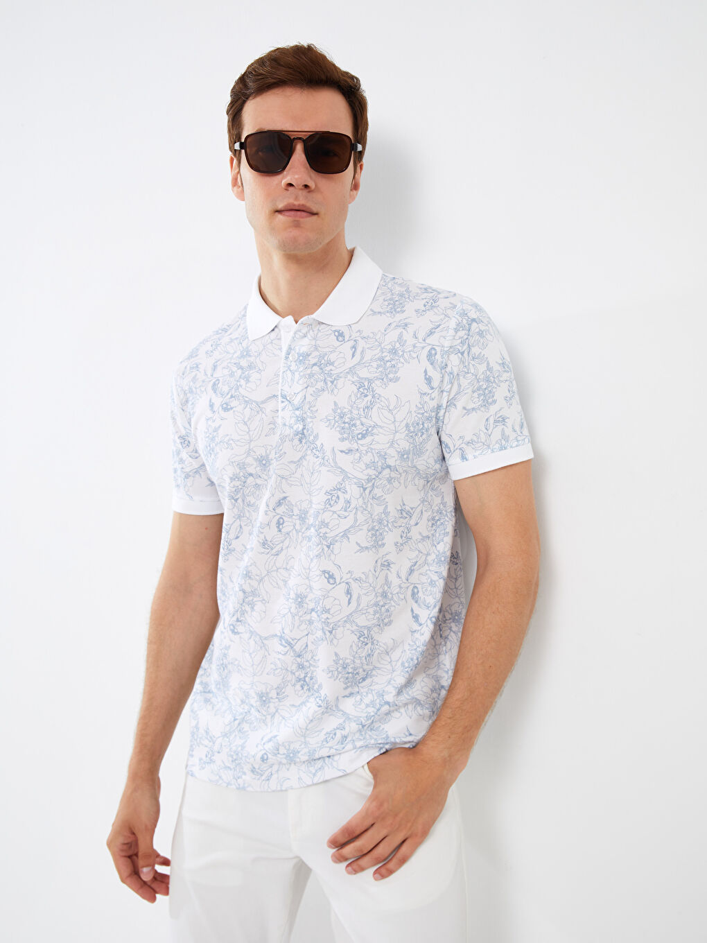 Beyaz Polo Yaka Kısa Kollu Desenli Pike Erkek Tişört