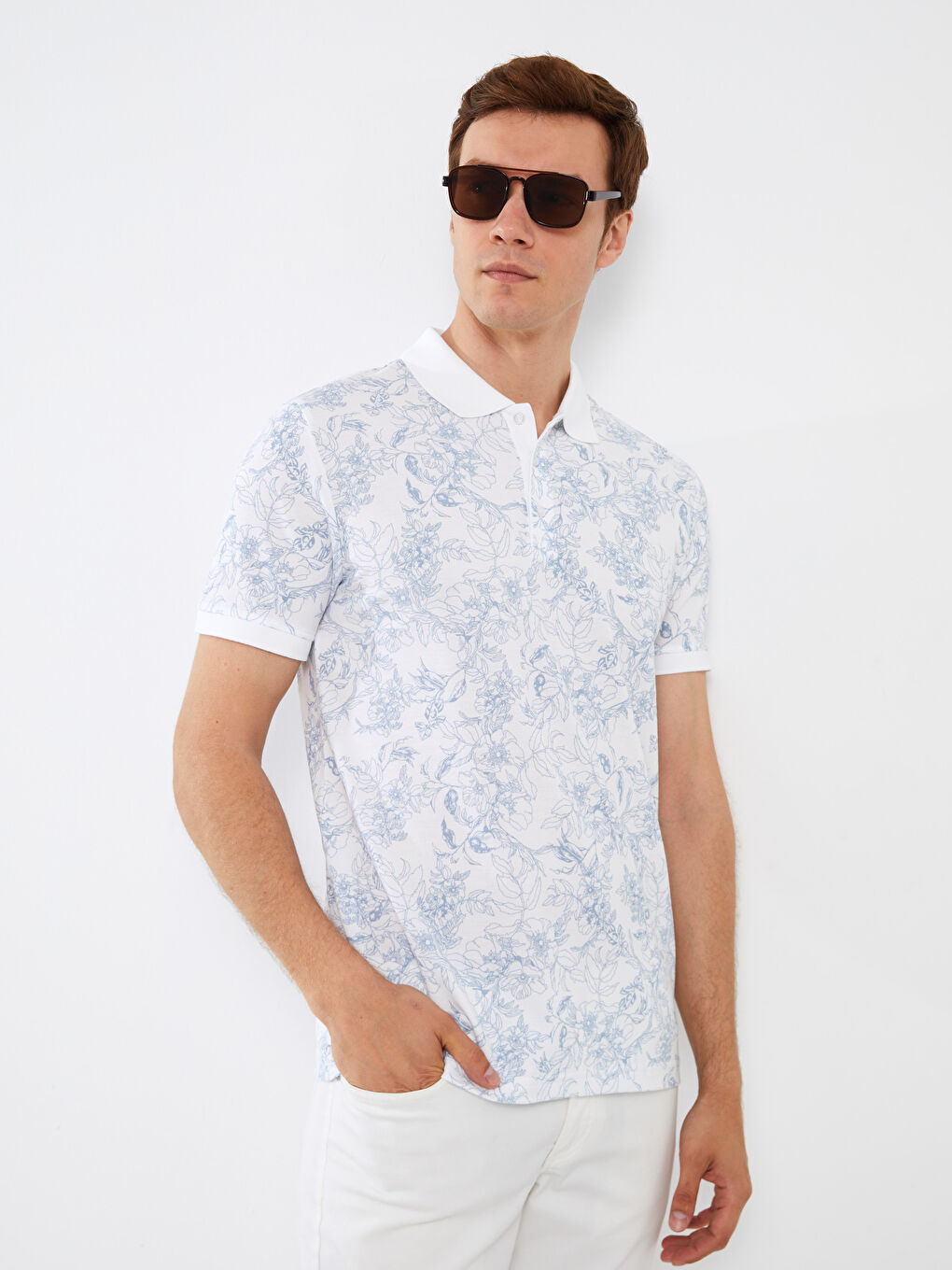 Beyaz Polo Yaka Kısa Kollu Desenli Pike Erkek Tişört-1