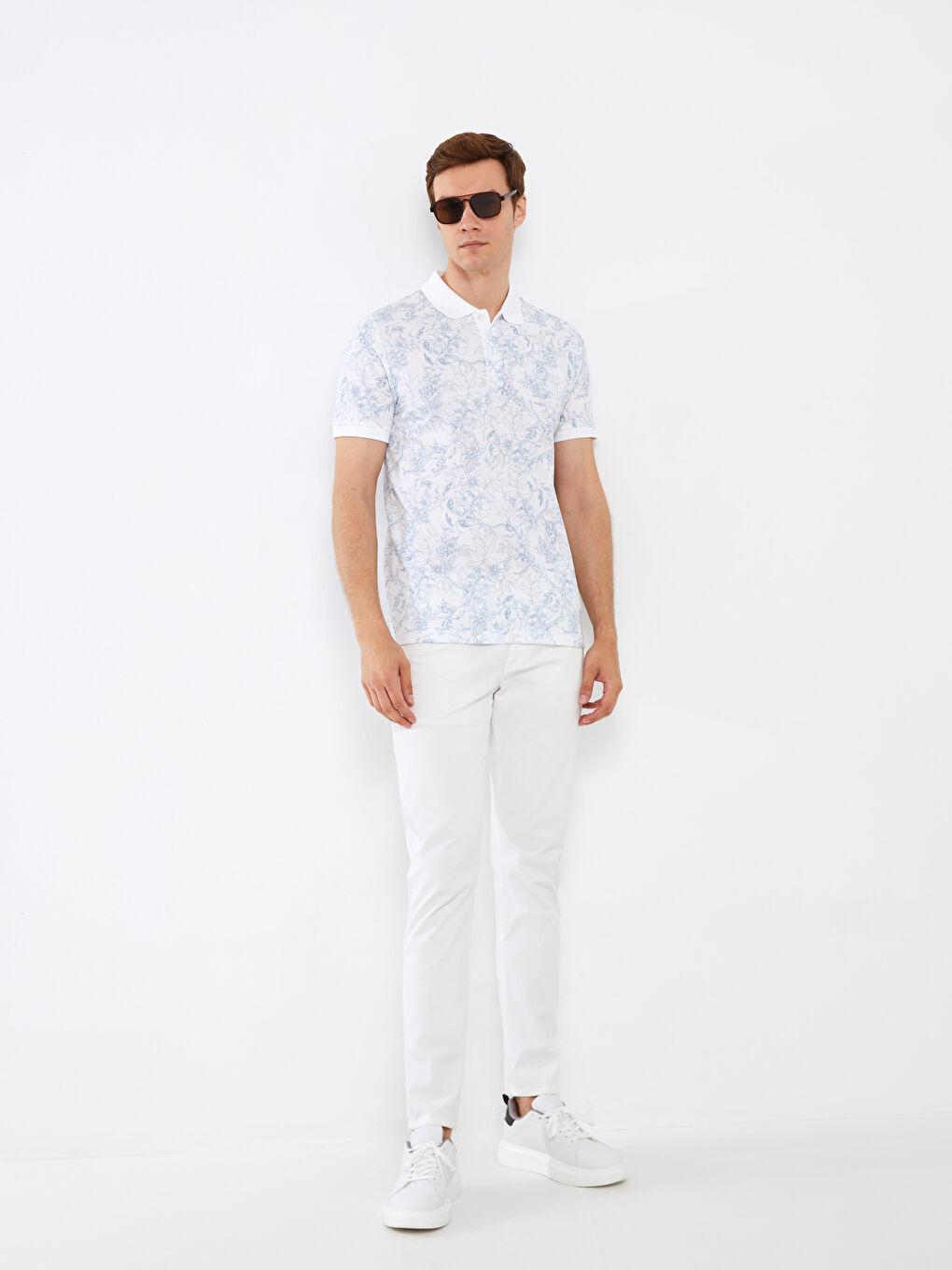 Beyaz Polo Yaka Kısa Kollu Desenli Pike Erkek Tişört-2