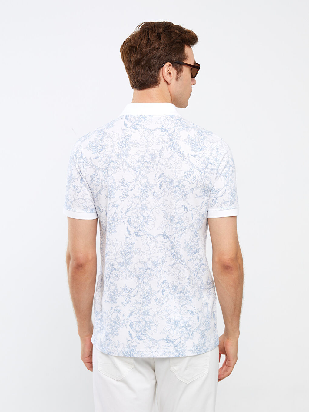 Beyaz Polo Yaka Kısa Kollu Desenli Pike Erkek Tişört-4