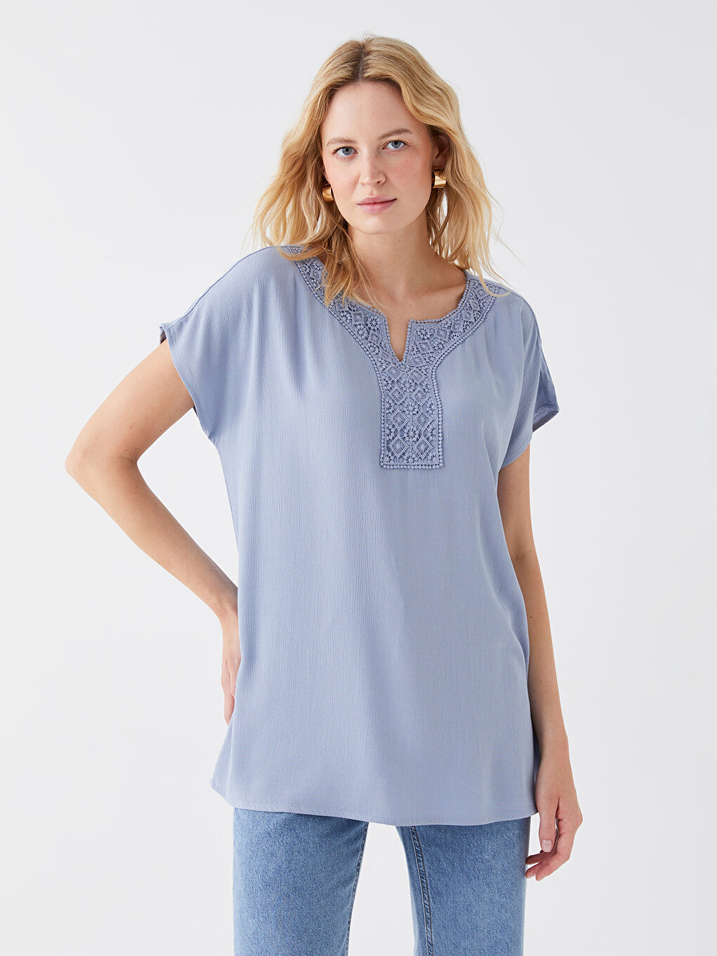 Notch Neck Embroidered Short Sleeve Women's Blouse