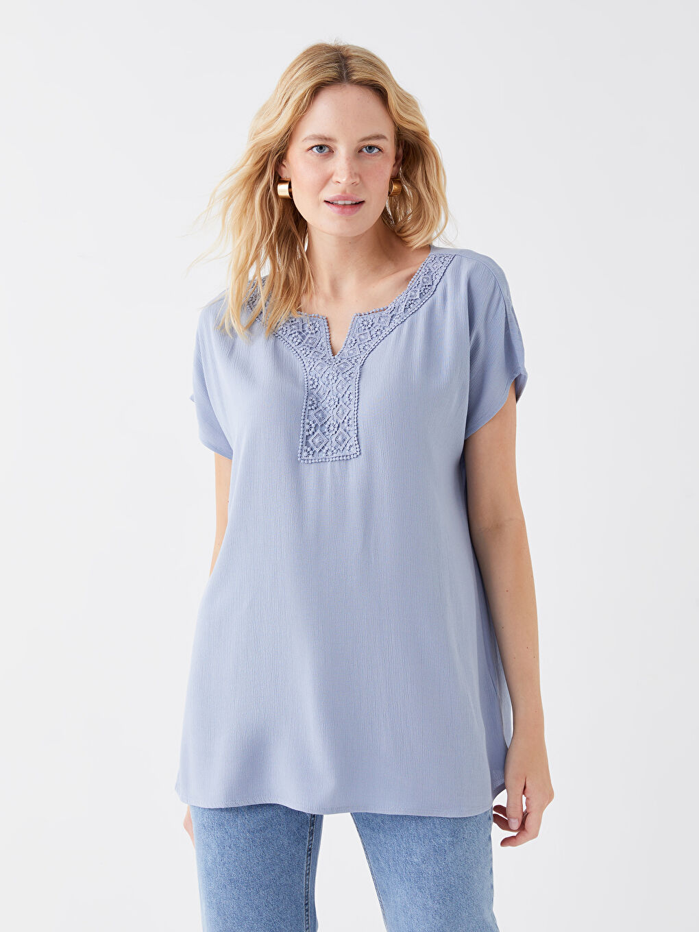 Notch Neck Embroidered Short Sleeve Women's Blouse-1