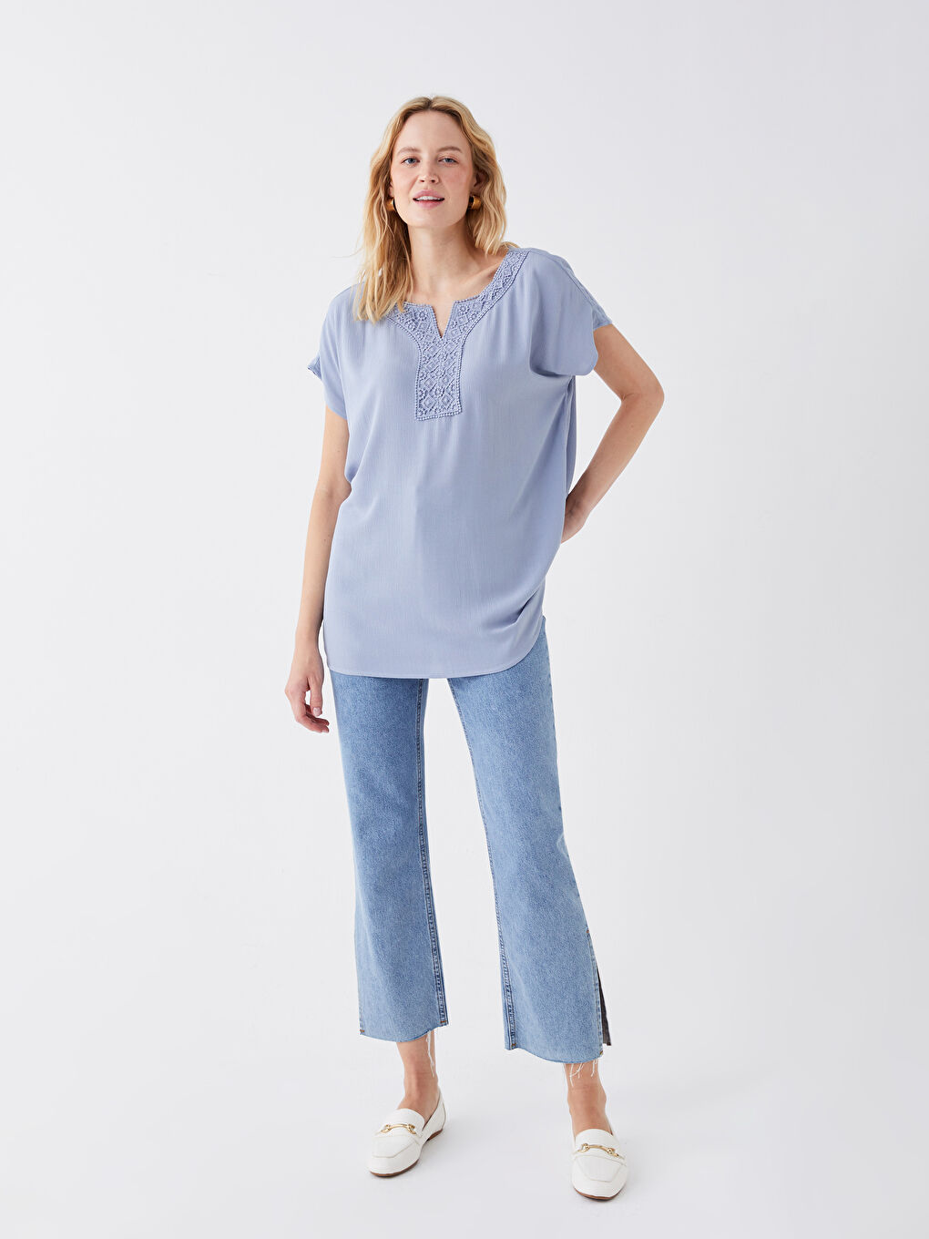 Notch Neck Embroidered Short Sleeve Women's Blouse-2