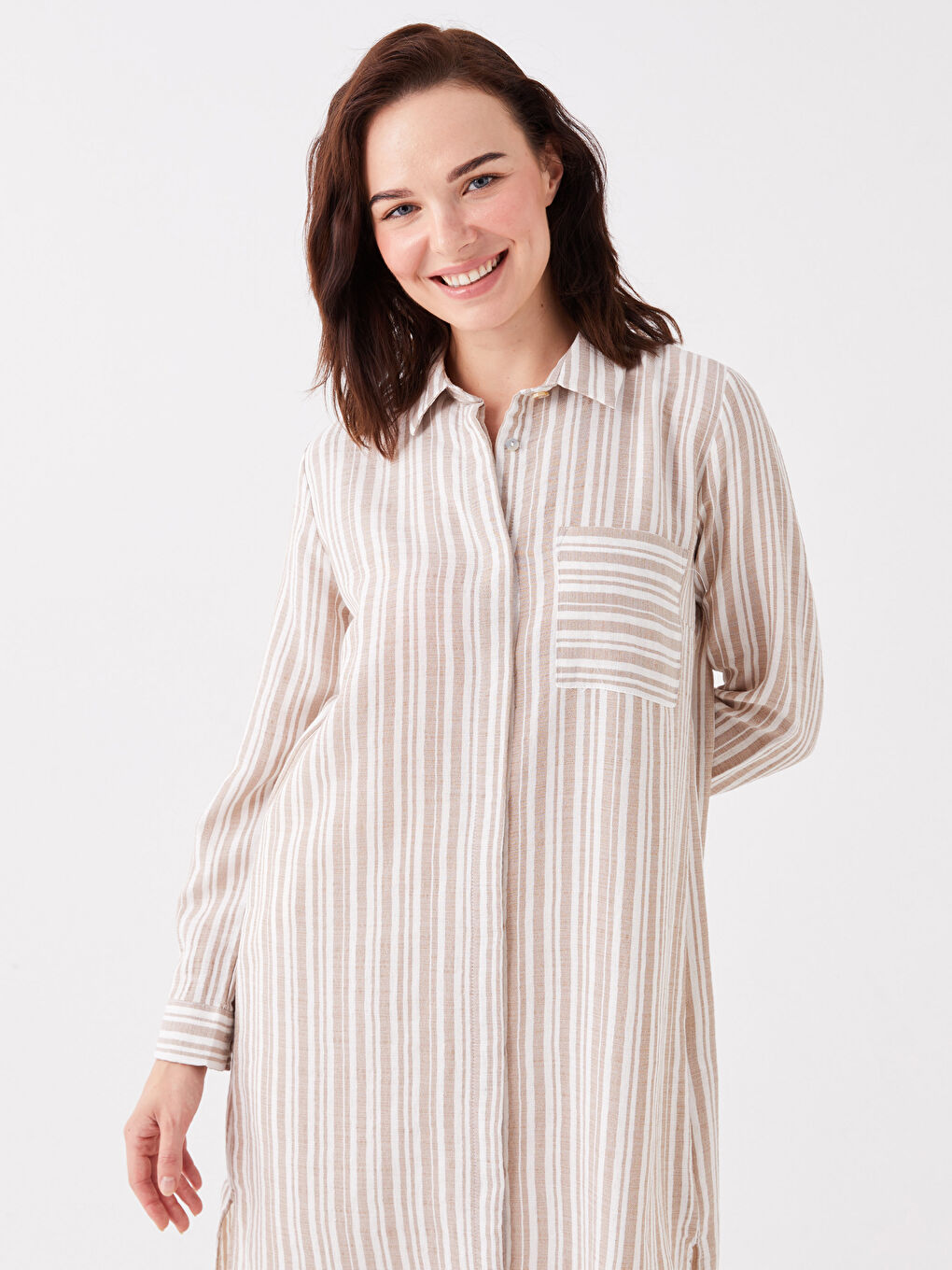Bej Çizgili Kadın Gömlek Tunik-1