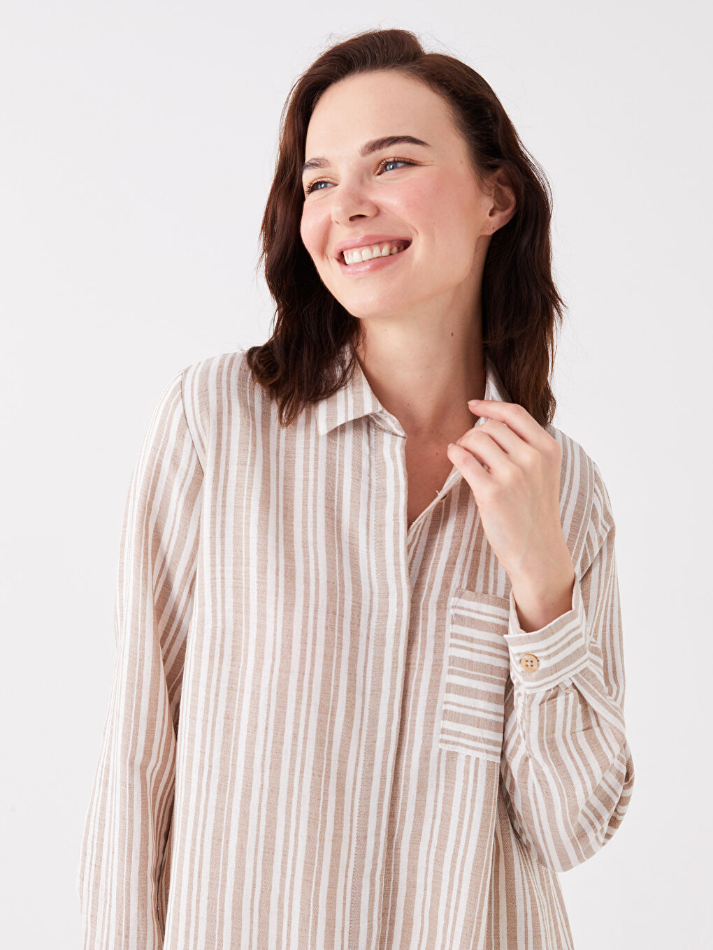 Bej Çizgili Kadın Gömlek Tunik-2