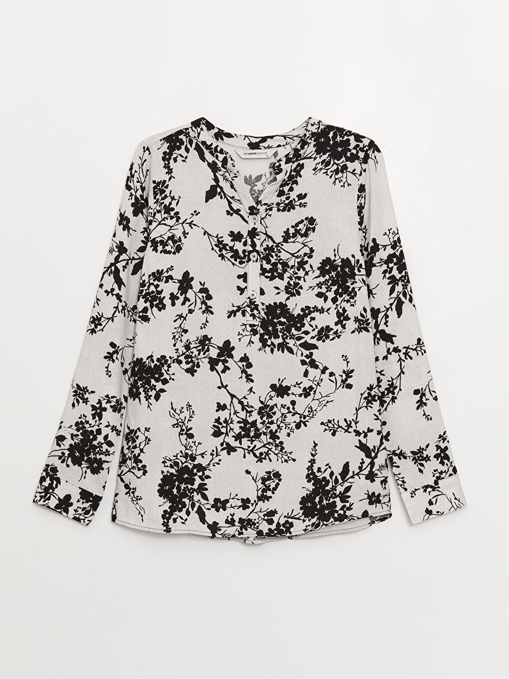 Ekru Kaçık Yaka Çiçekli Uzun Kollu Kadın Bluz-5
