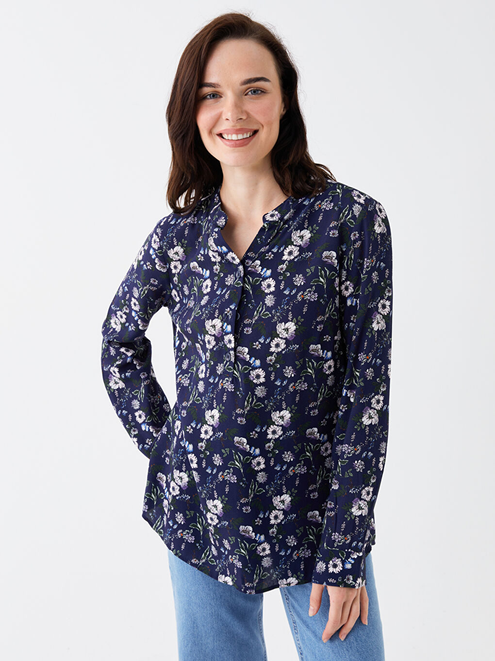 Notch Neck Floral Long Sleeve Women's Blouse