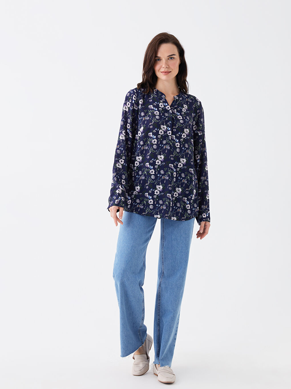 Notch Neck Floral Long Sleeve Women's Blouse-2