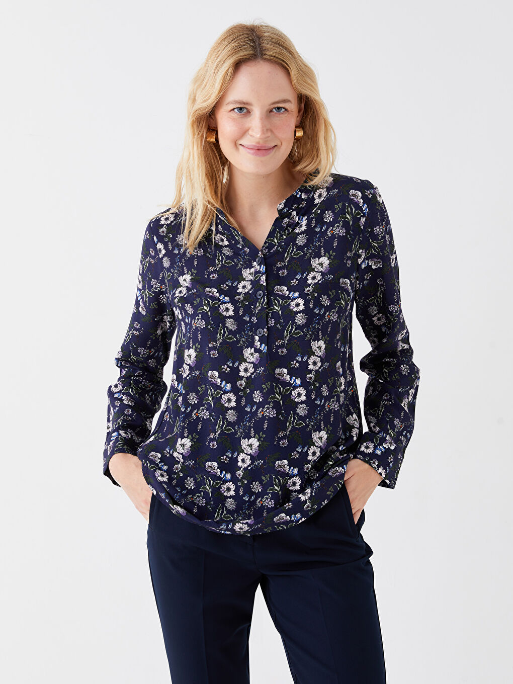 Notch Neck Floral Long Sleeve Women's Blouse-1