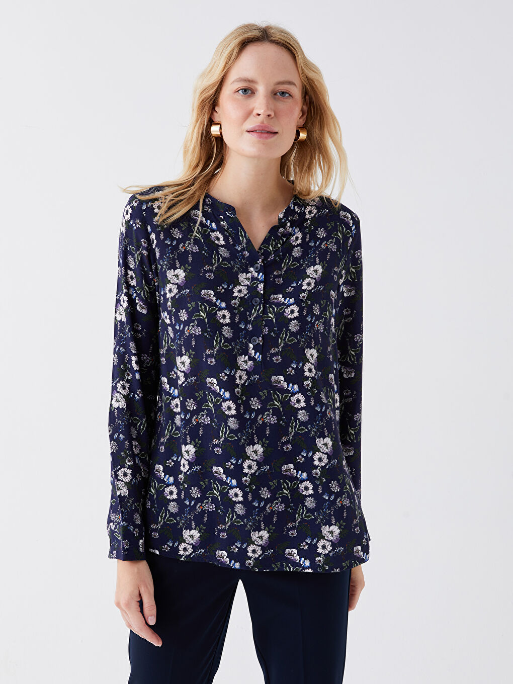 Notch Neck Floral Long Sleeve Women's Blouse-3