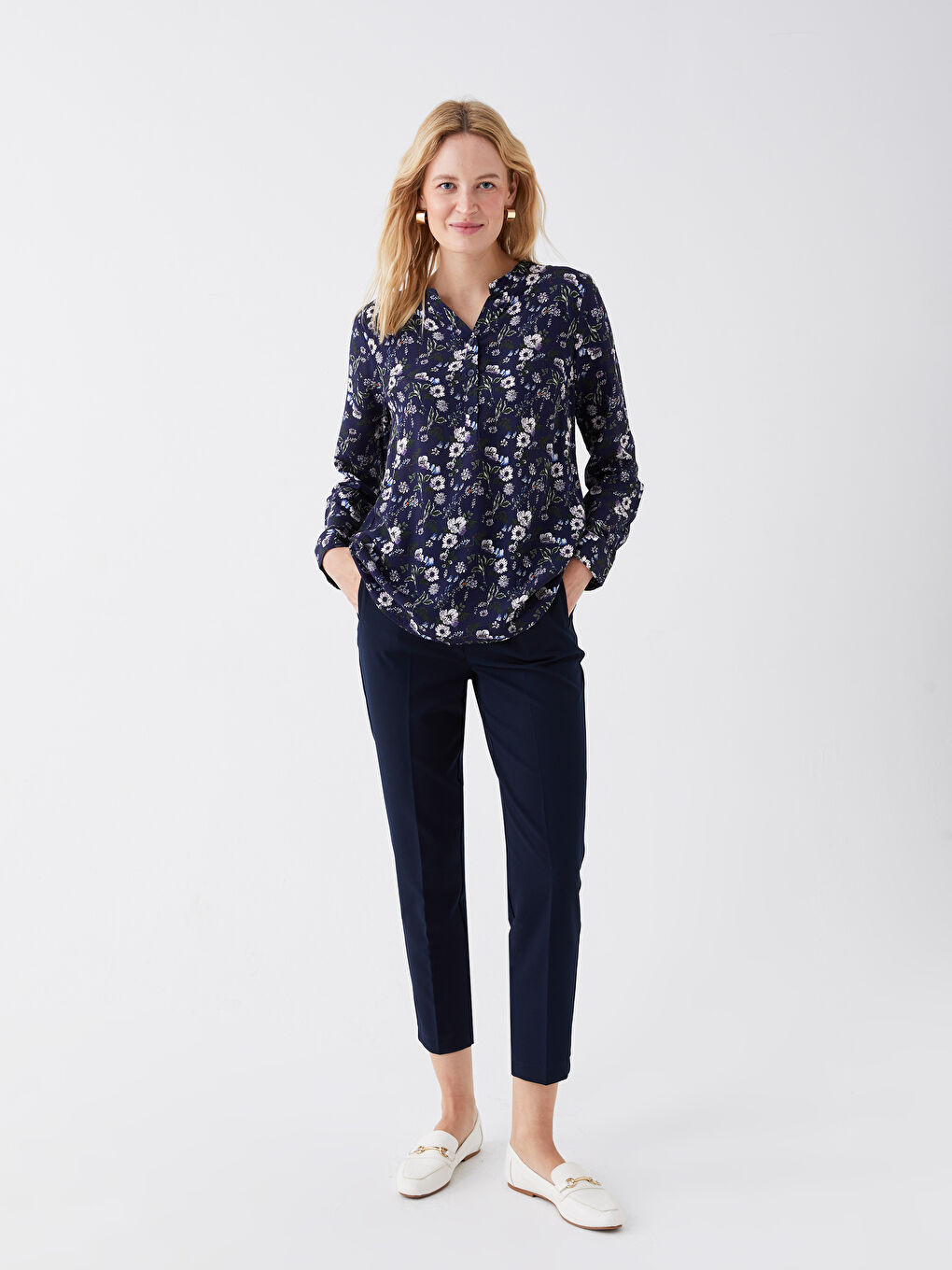 Notch Neck Floral Long Sleeve Women's Blouse-5