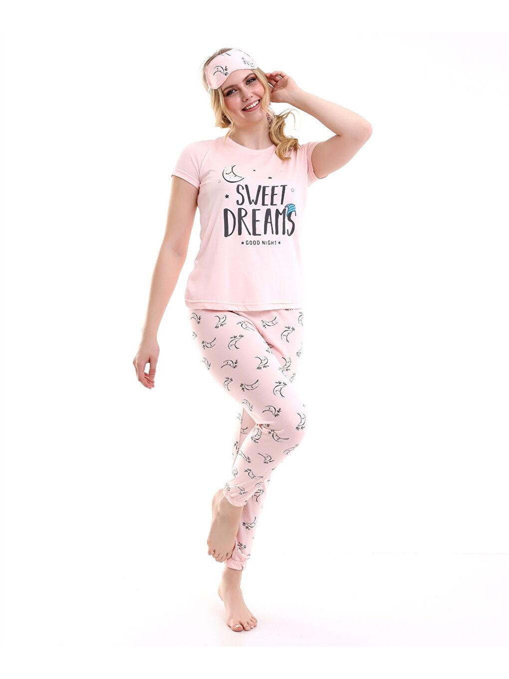 Pembe Bisiklet Yaka Baskılı Kadın Pijama Takımı-3