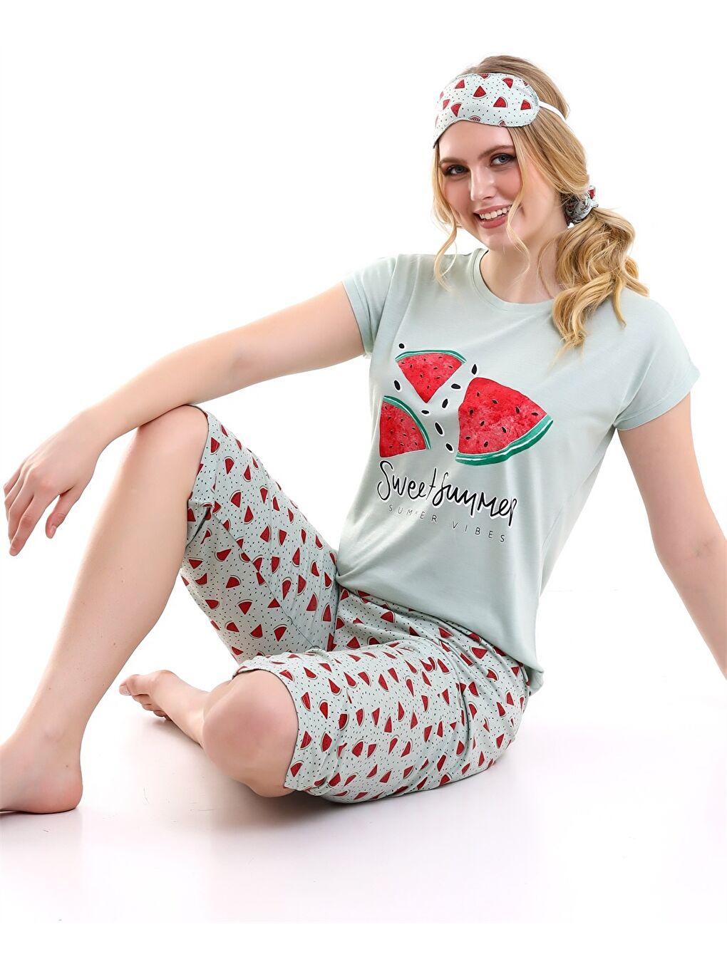 Yeşil Bisiklet Yaka Baskılı Kadın Pijama Takımı