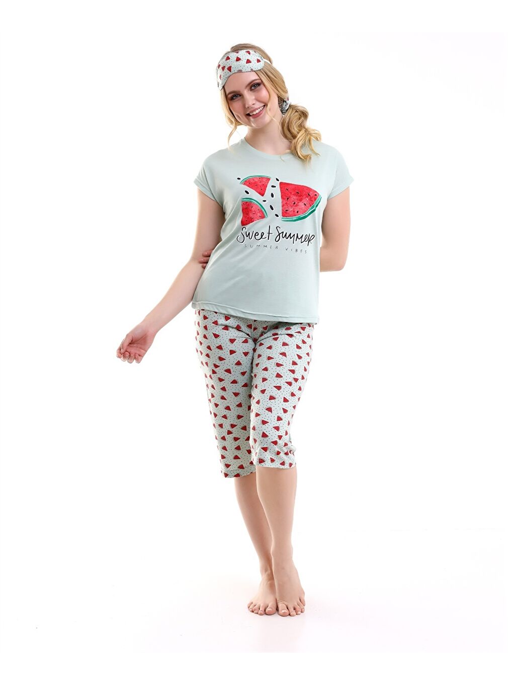 Yeşil Bisiklet Yaka Baskılı Kadın Pijama Takımı-1