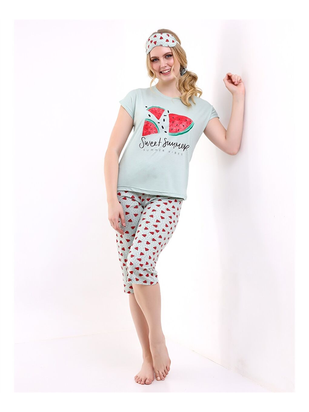 Yeşil Bisiklet Yaka Baskılı Kadın Pijama Takımı-2