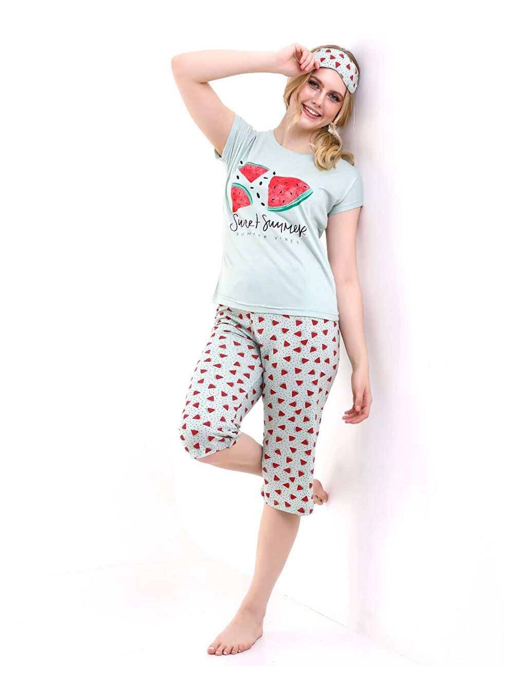 Yeşil Bisiklet Yaka Baskılı Kadın Pijama Takımı-3