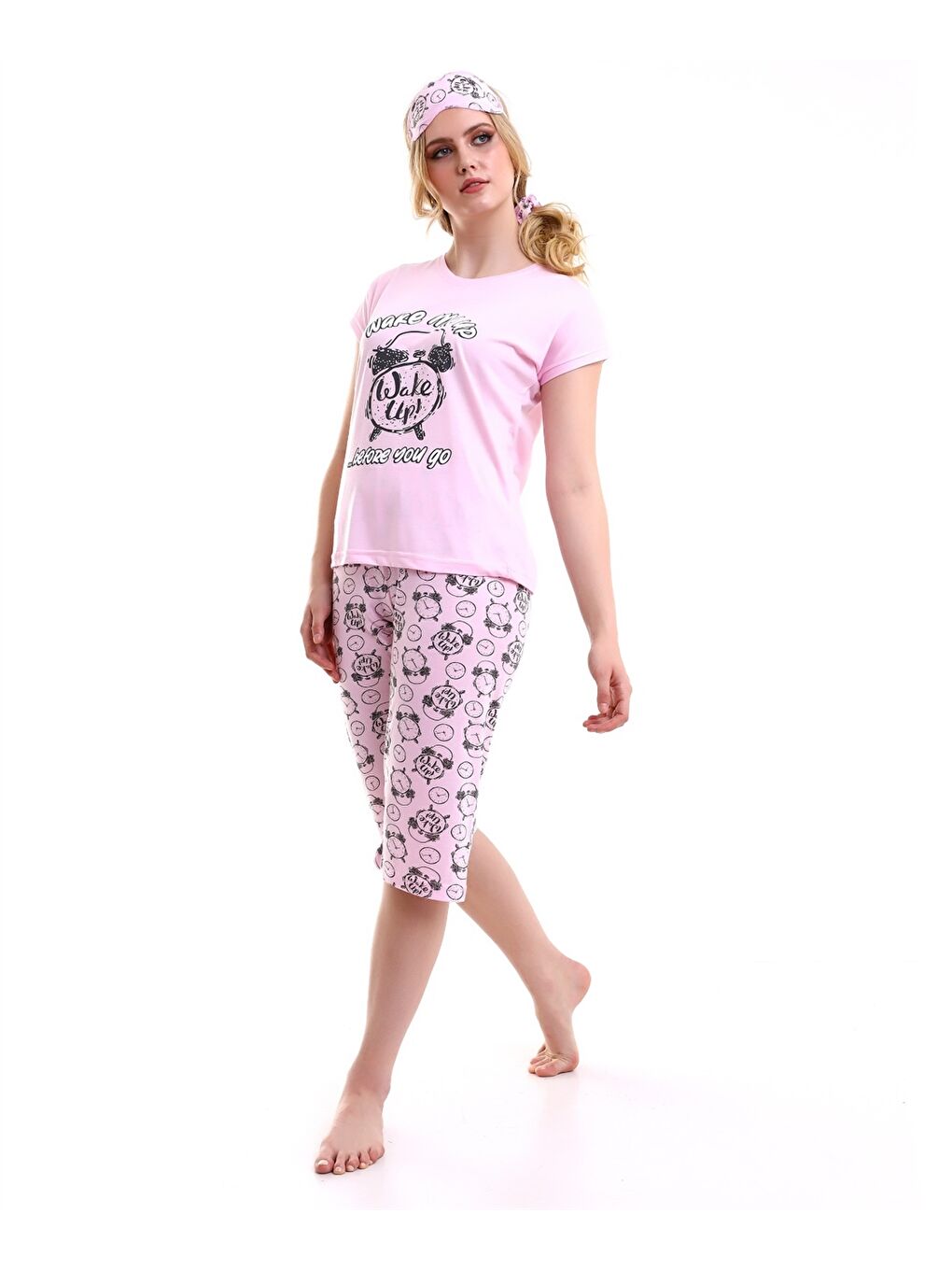 Pembe Bisiklet Yaka Baskılı Kadın Pijama Takımı-2