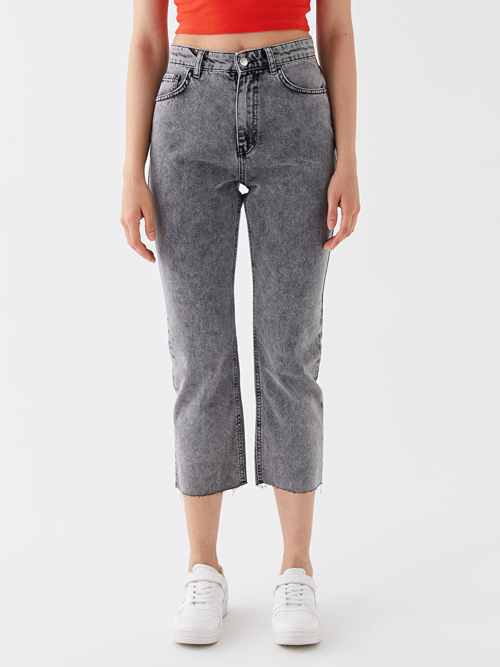 Gri Yüksek Bel Standart Fit Kadın Jean Pantolon-2