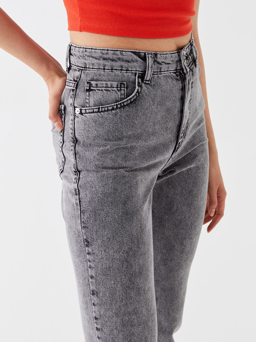 Gri Yüksek Bel Standart Fit Kadın Jean Pantolon-4