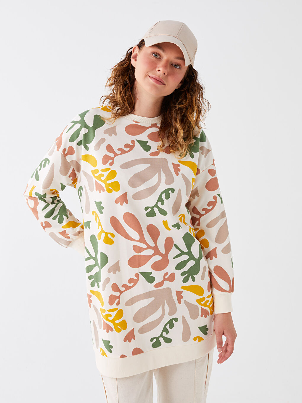 Ekru Bisiklet Yaka Kendinden Desenli Uzun Kollu Kadın Sweatshirt Tunik