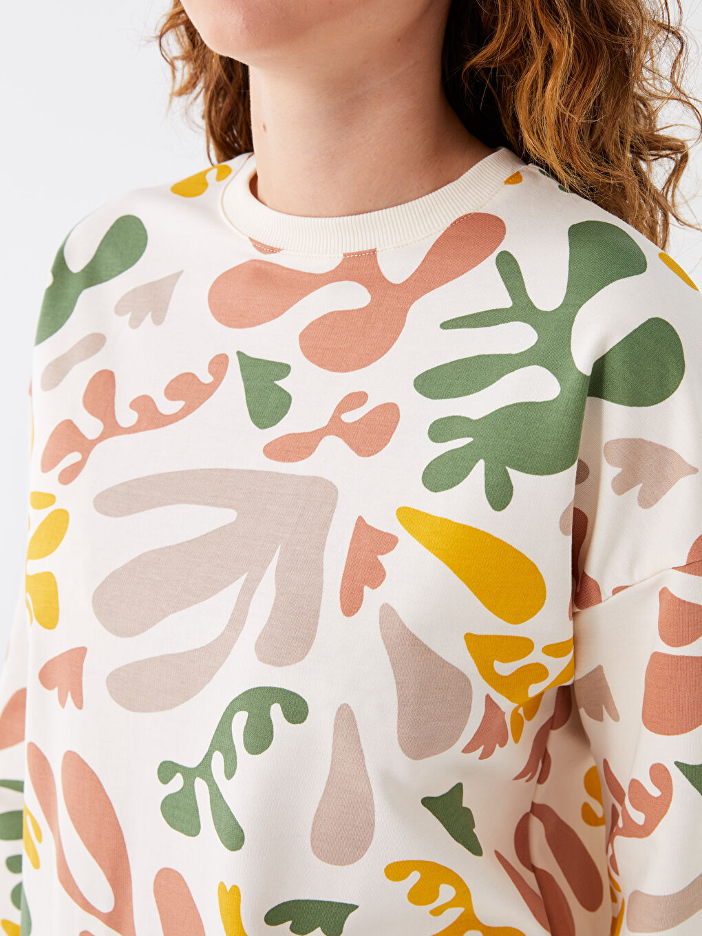 Ekru Bisiklet Yaka Kendinden Desenli Uzun Kollu Kadın Sweatshirt Tunik-3