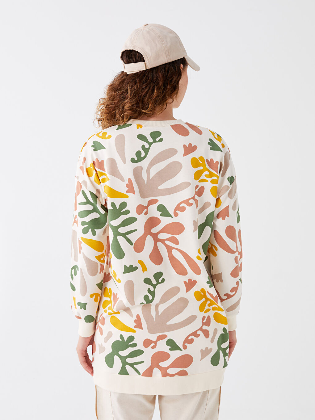 Ekru Bisiklet Yaka Kendinden Desenli Uzun Kollu Kadın Sweatshirt Tunik-4