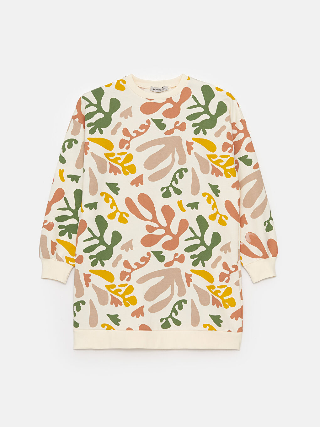 Ekru Bisiklet Yaka Kendinden Desenli Uzun Kollu Kadın Sweatshirt Tunik-5