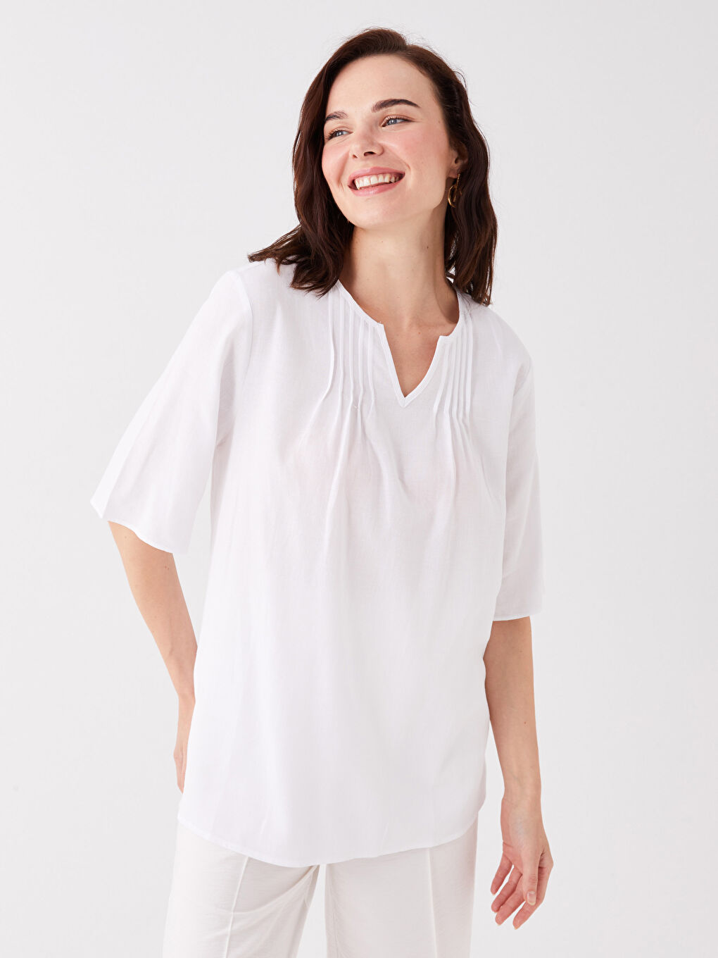 Notch Neck Plain Short Sleeve Linen Blend Women's Blouse -S3K487Z8-KE8