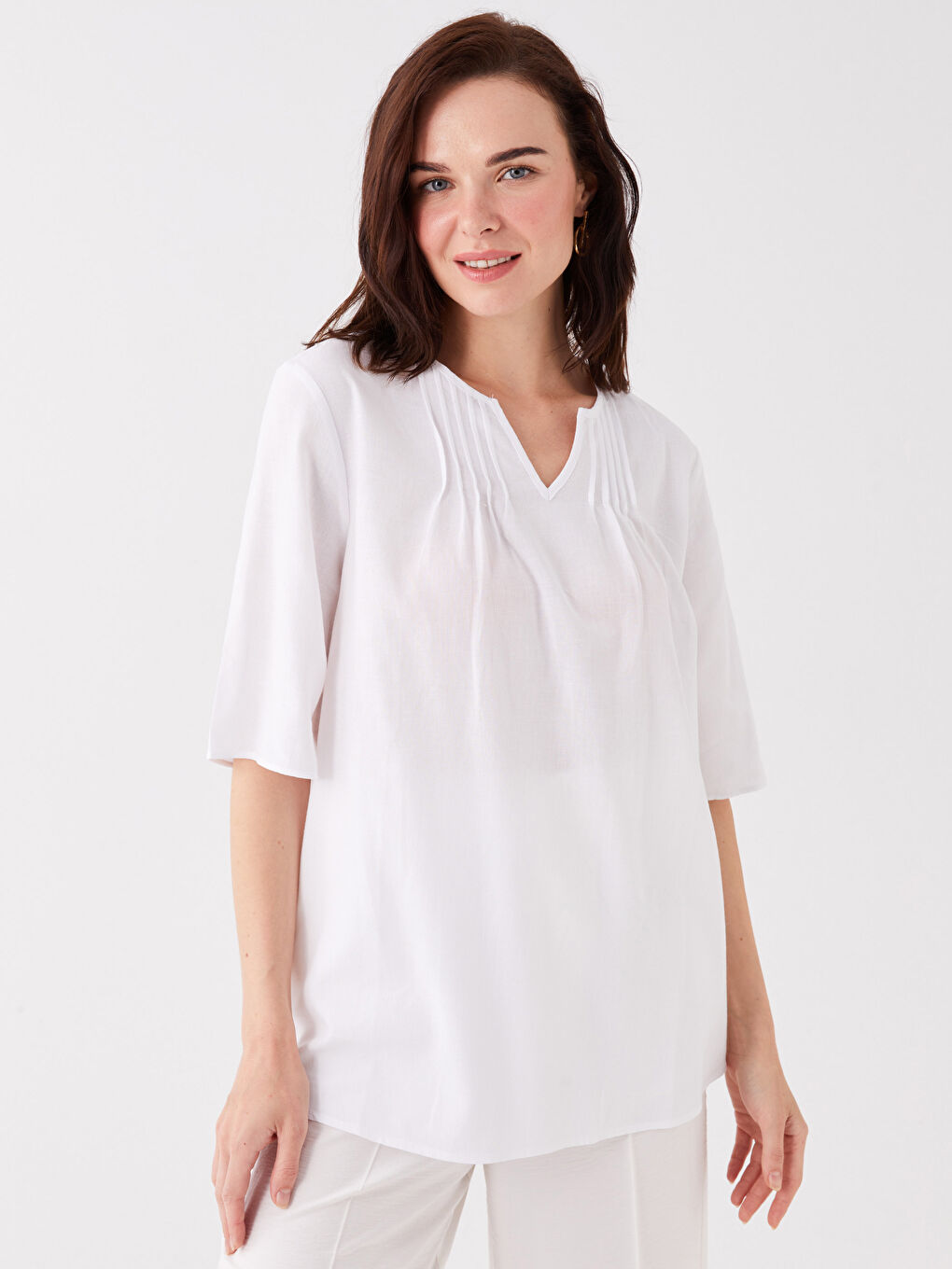 Notch Neck Plain Short Sleeve Linen Blend Women's Blouse -S3K487Z8-KE8