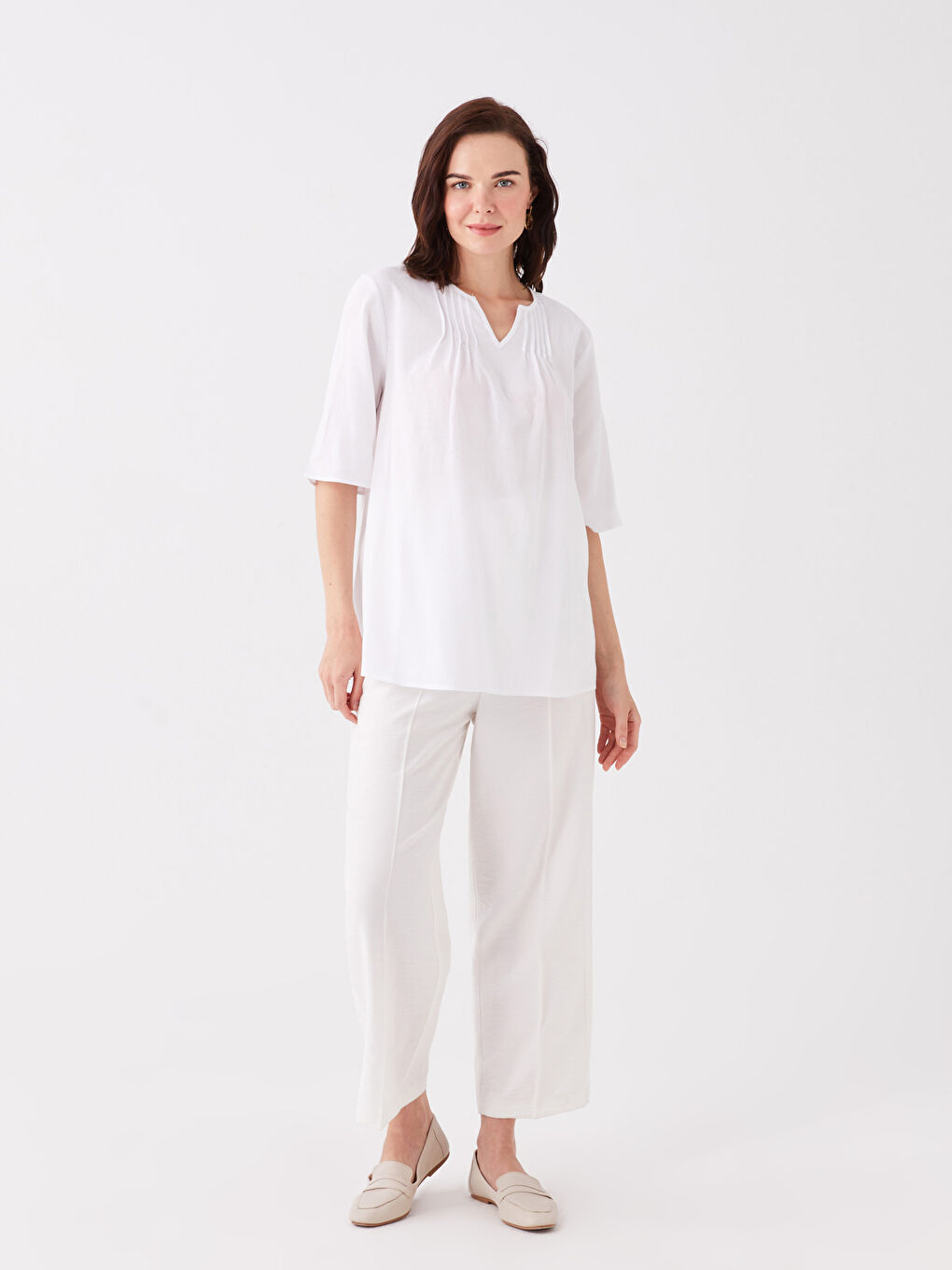 Notch Neck Plain Short Sleeve Linen Blend Women's Blouse -S3K487Z8-KE8