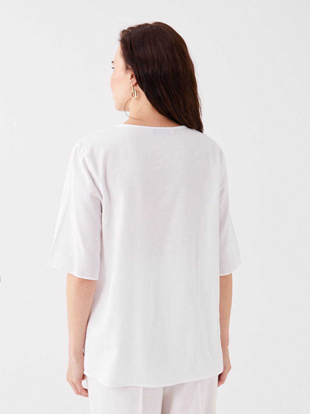 Notch Neck Plain Short Sleeve Linen Blend Women's Blouse -S3K487Z8-KE8