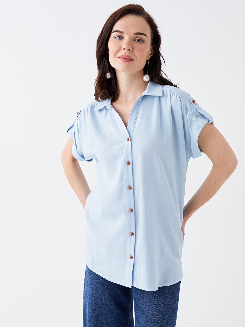 Mavi Düz Kısa Kollu Kadın Gömlek