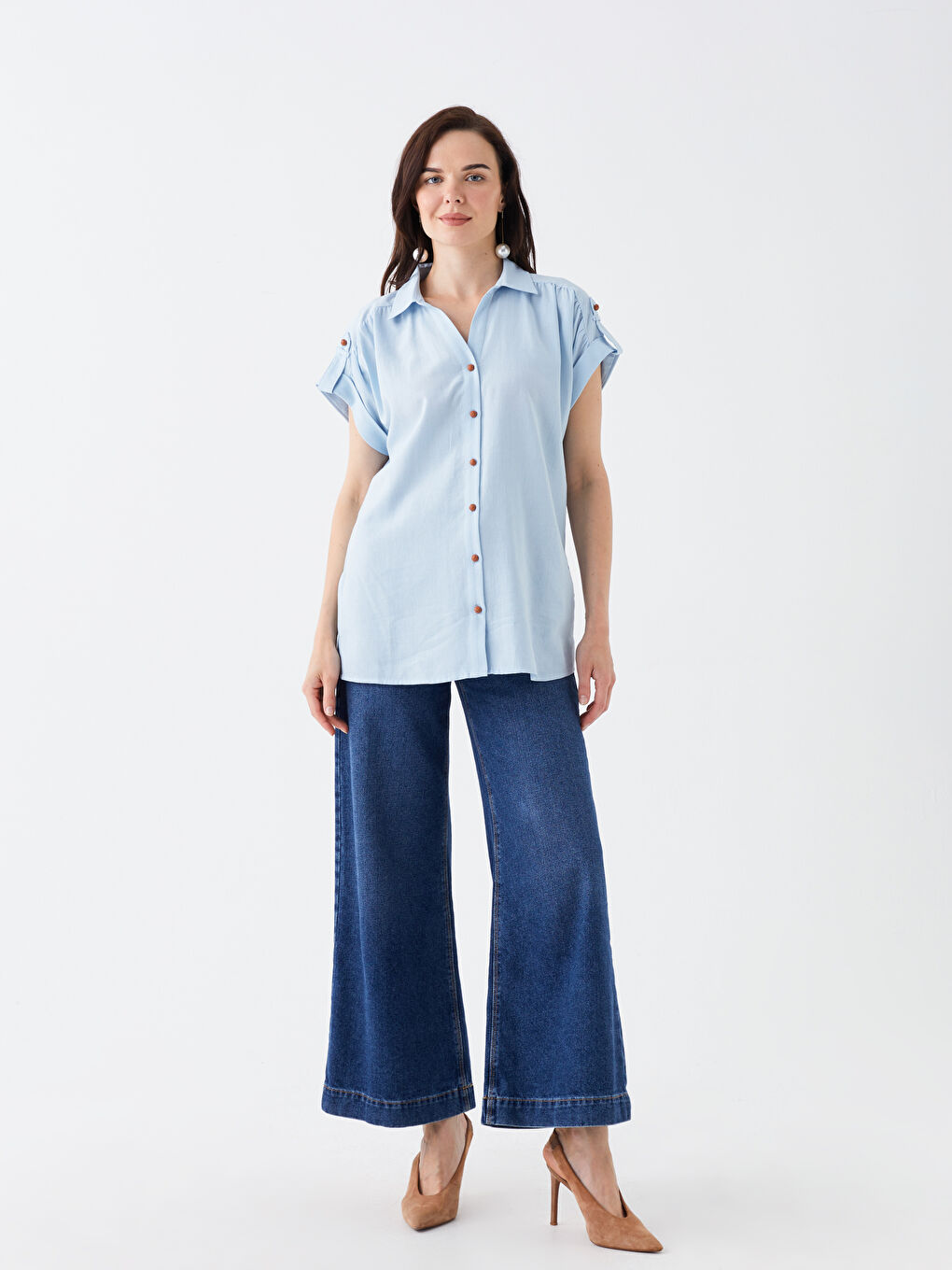 Mavi Düz Kısa Kollu Kadın Gömlek-1