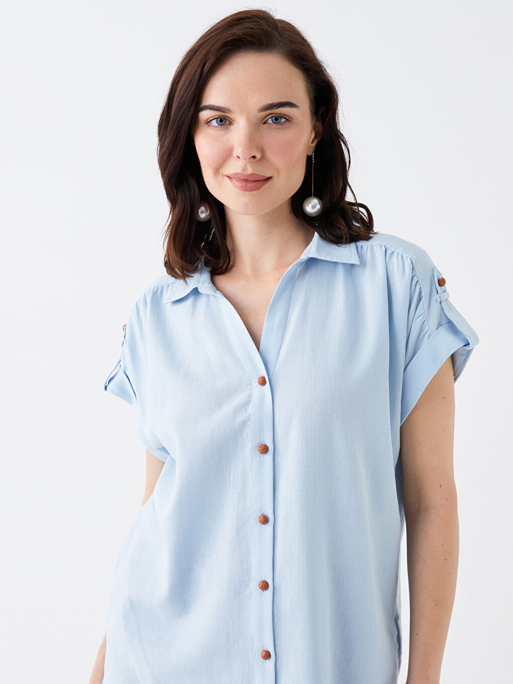 Mavi Düz Kısa Kollu Kadın Gömlek-2