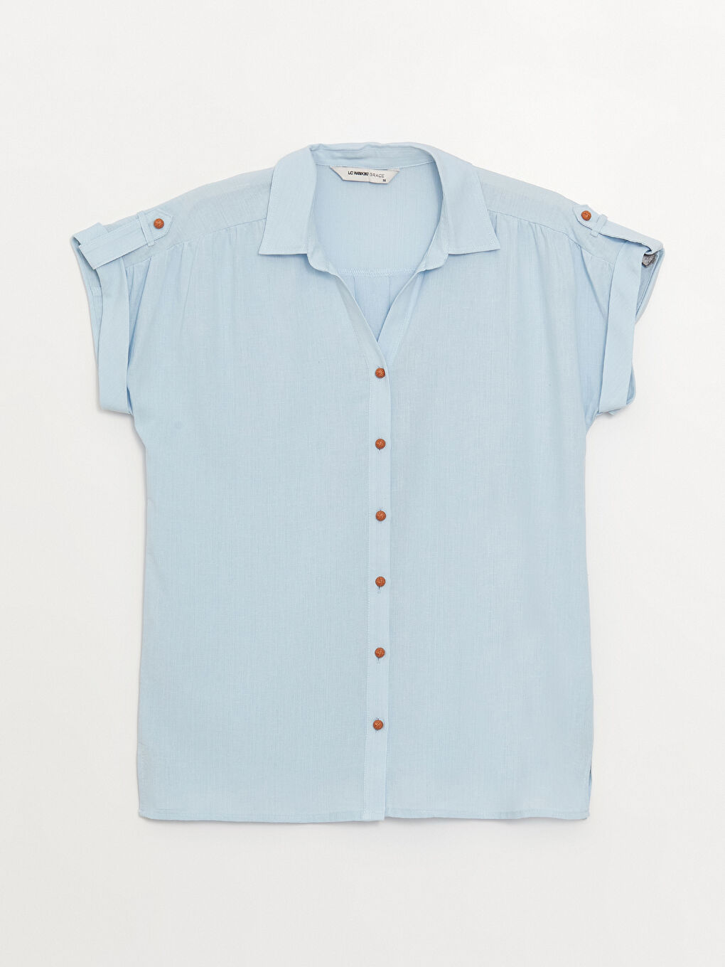 Mavi Düz Kısa Kollu Kadın Gömlek-5