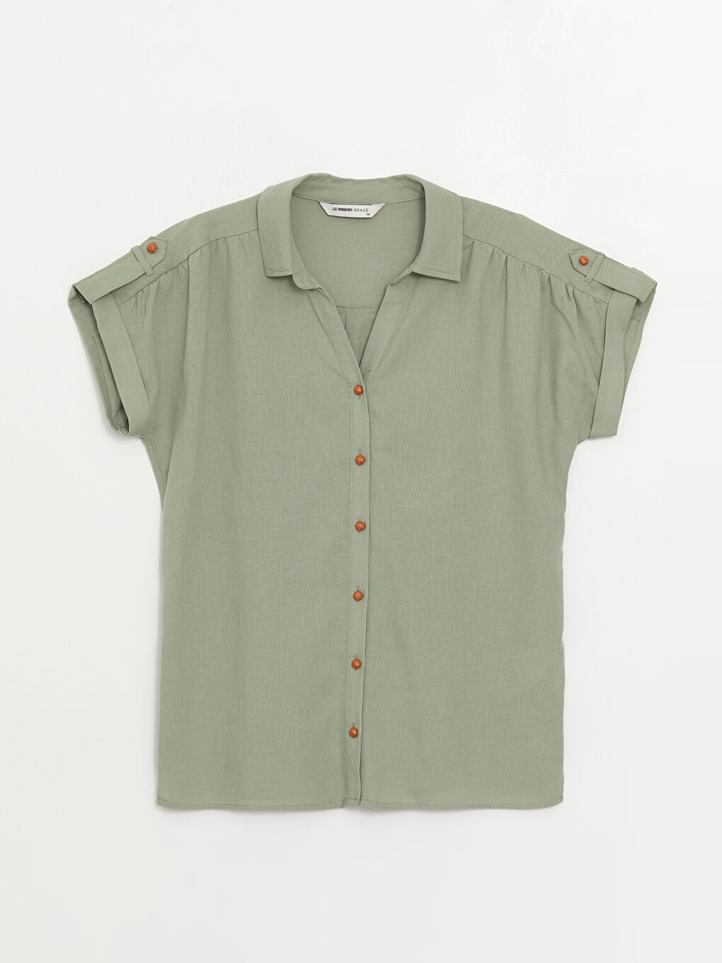 Haki Düz Kısa Kollu Kadın Gömlek-5