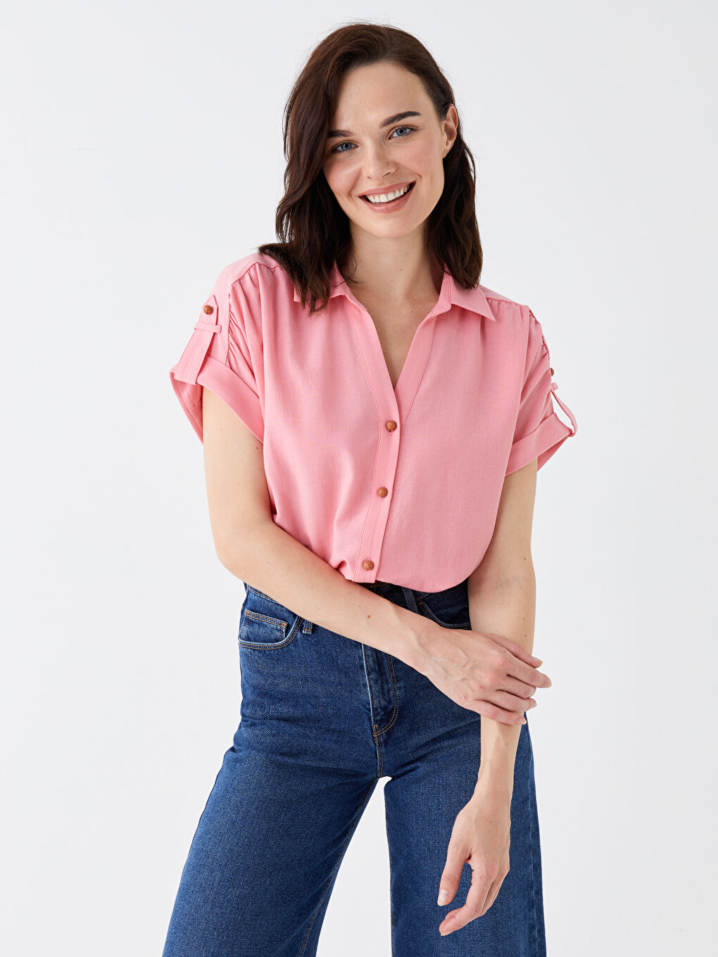 Pembe Düz Kısa Kollu Kadın Gömlek